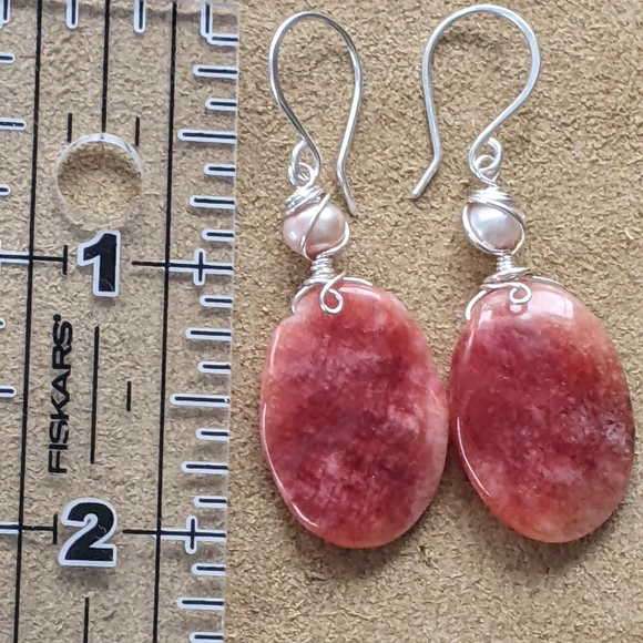 Strawberry Rhodochrosite Earrings Handmade In Pure Sterling Silver With Pearls - Picture 9 of 16